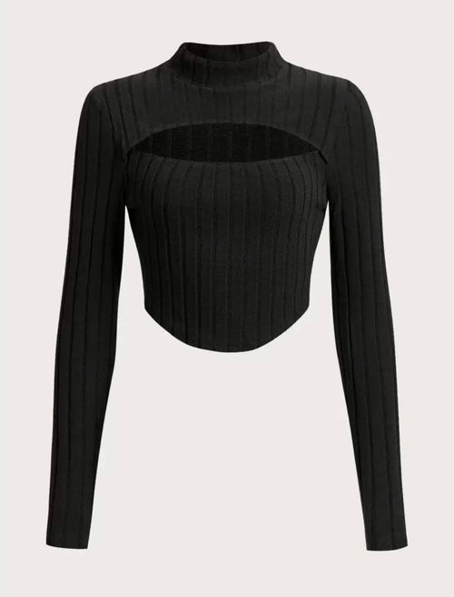 Black cut-out mock-neck crop top, image 1