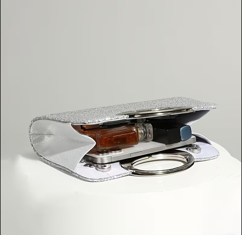 Interior of silver evening bag