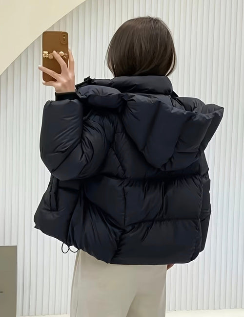 Black hooded puffer jacket back view