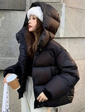 Black hooded puffer jacket front view
