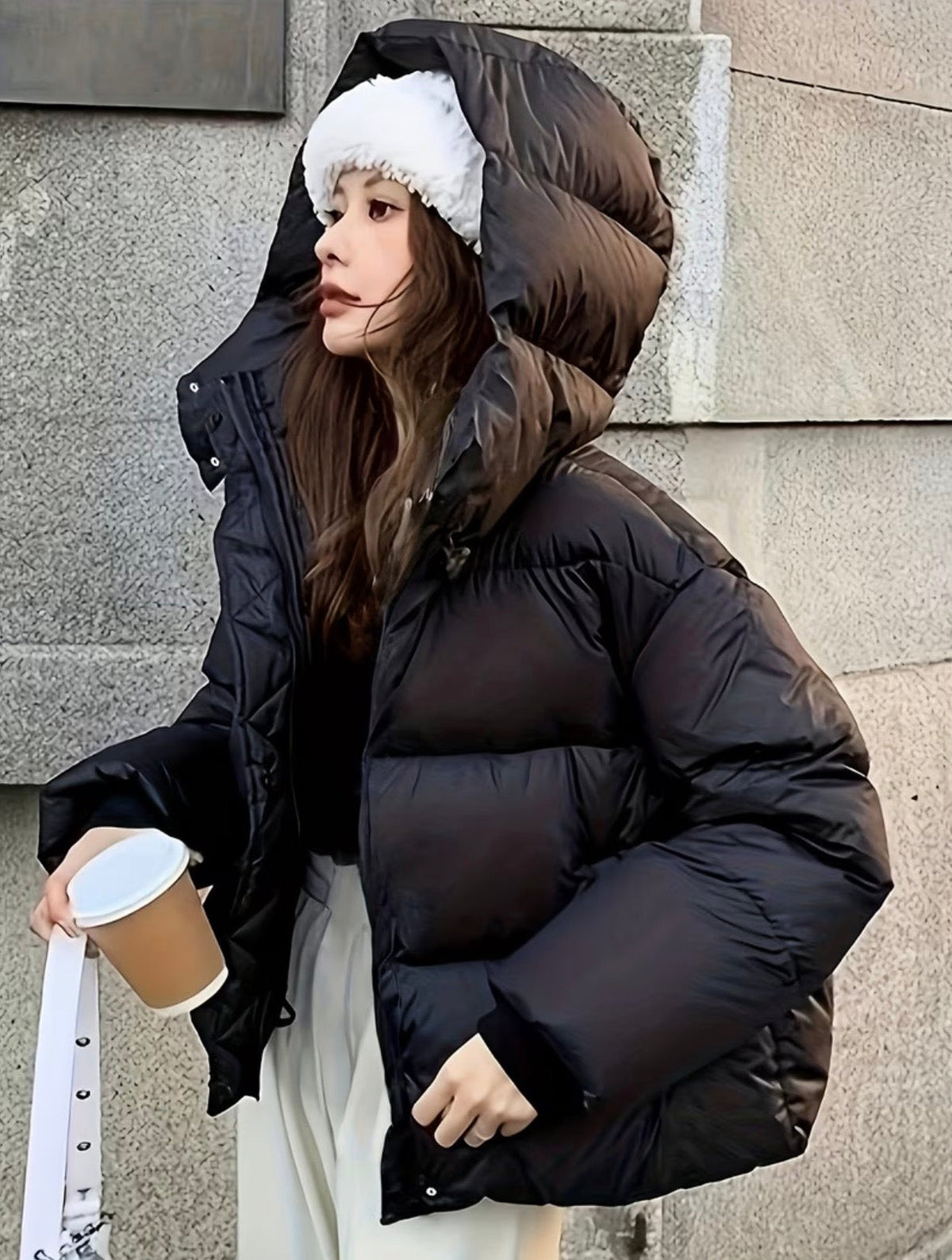 Black hooded puffer jacket front view
