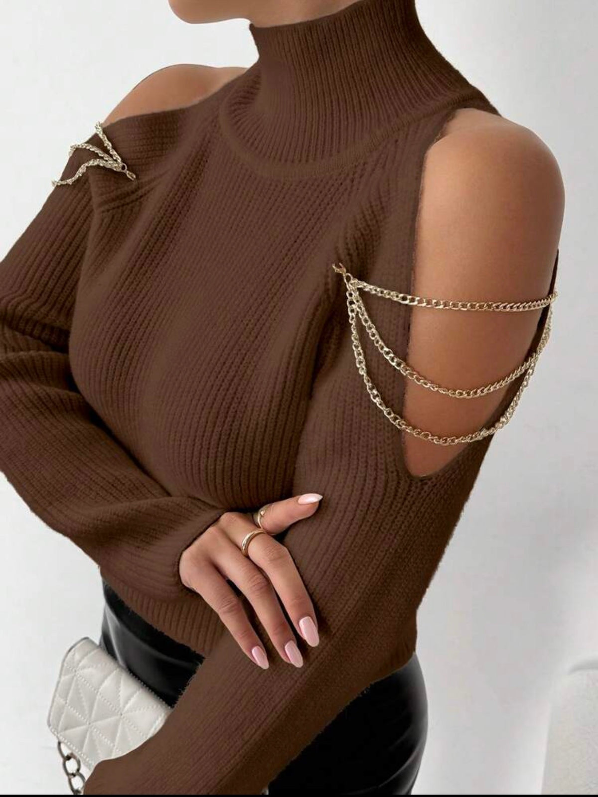 Chain Detail Cold Shoulder Knit Sweater 3