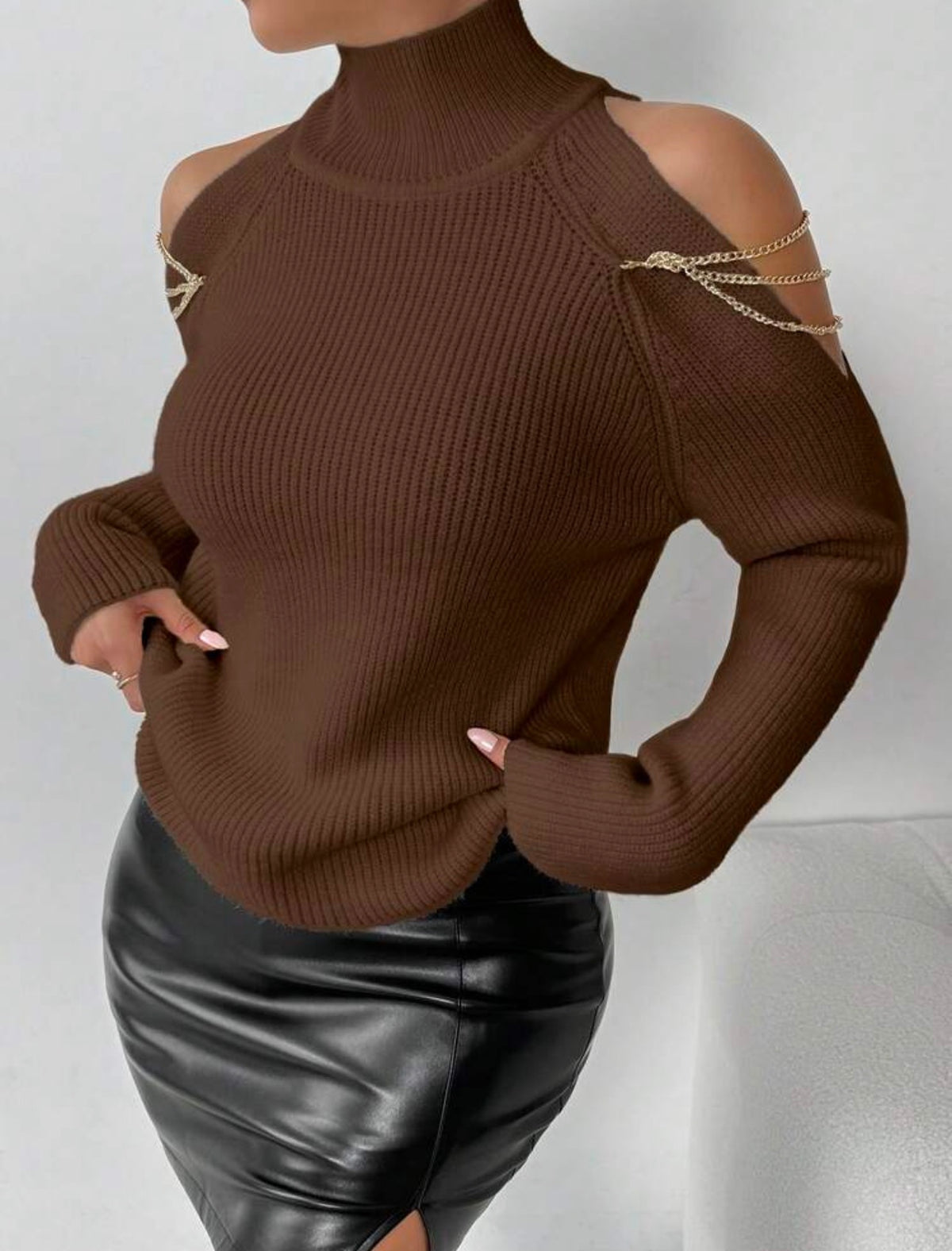Chain Detail Cold Shoulder Knit Sweater 5