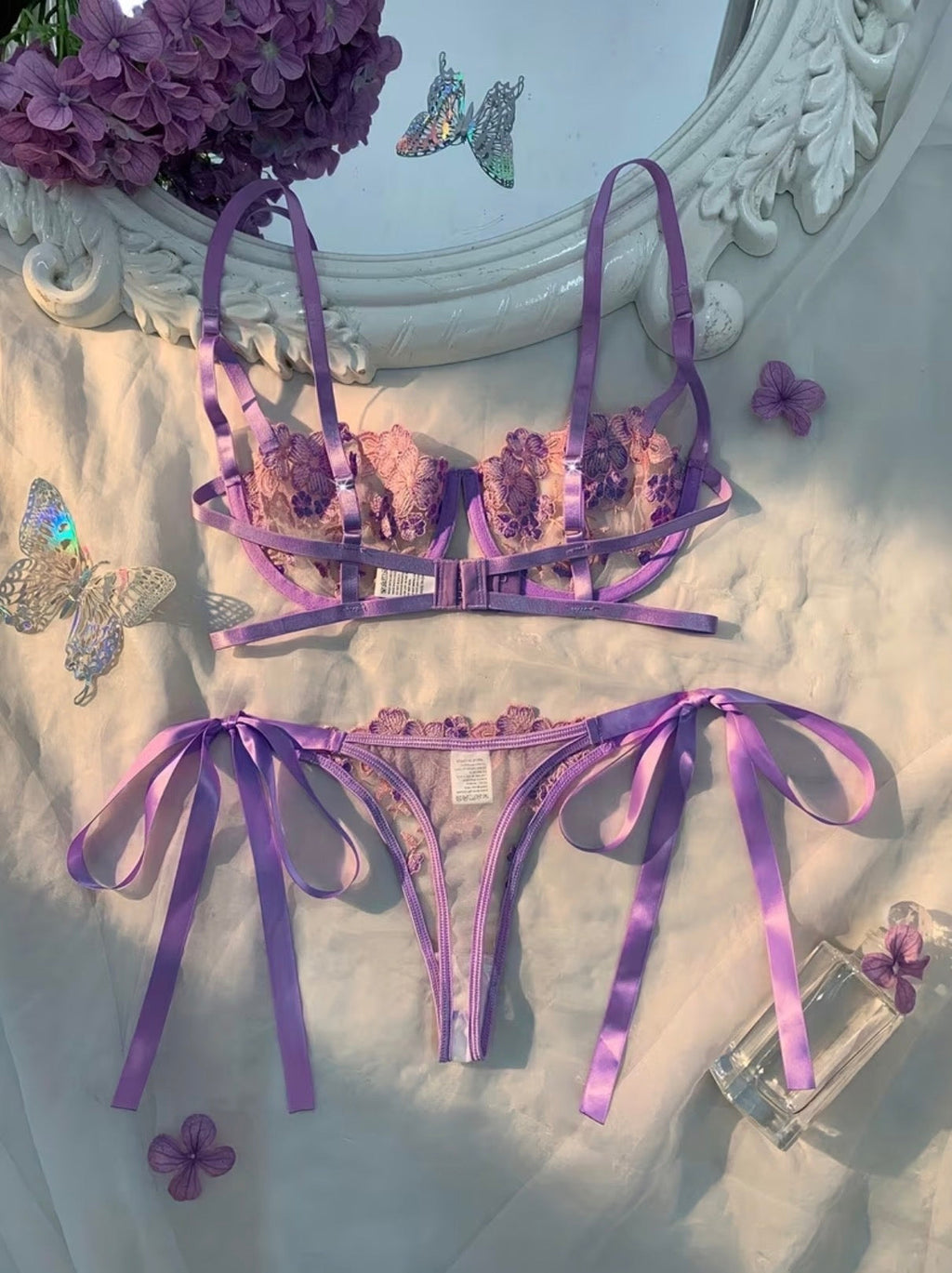 Floral Embroidered Mesh Bra & Tie-Side Thong Set