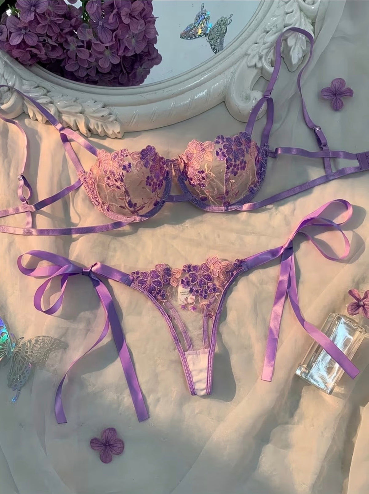Floral Embroidered Mesh Bra & Tie-Side Thong Set