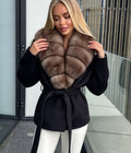 Black short belted coat with plush fur collar