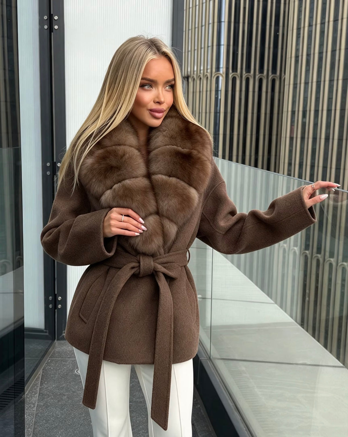 Chocolate brown short coat with plush fur collar