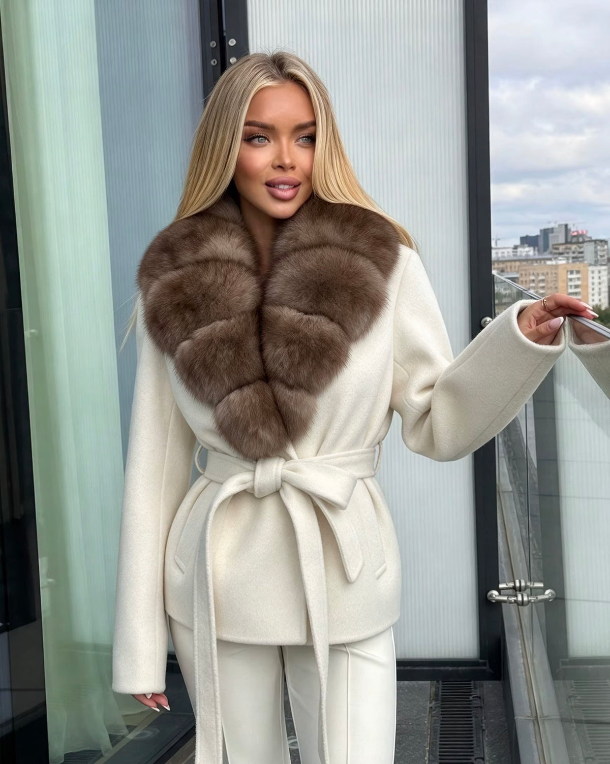 Ivory short coat with plush fur collar