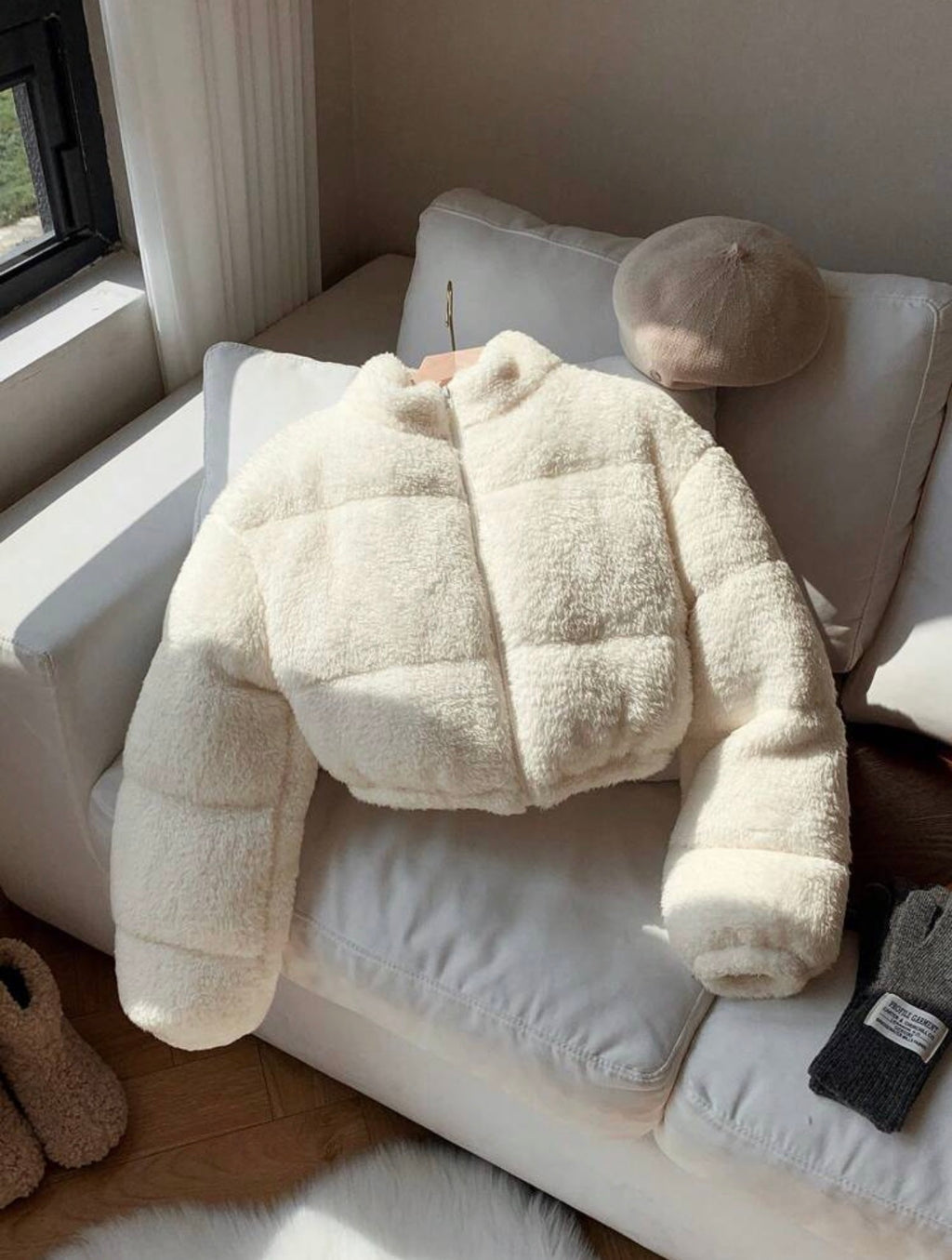 White teddy cropped puffer jacket