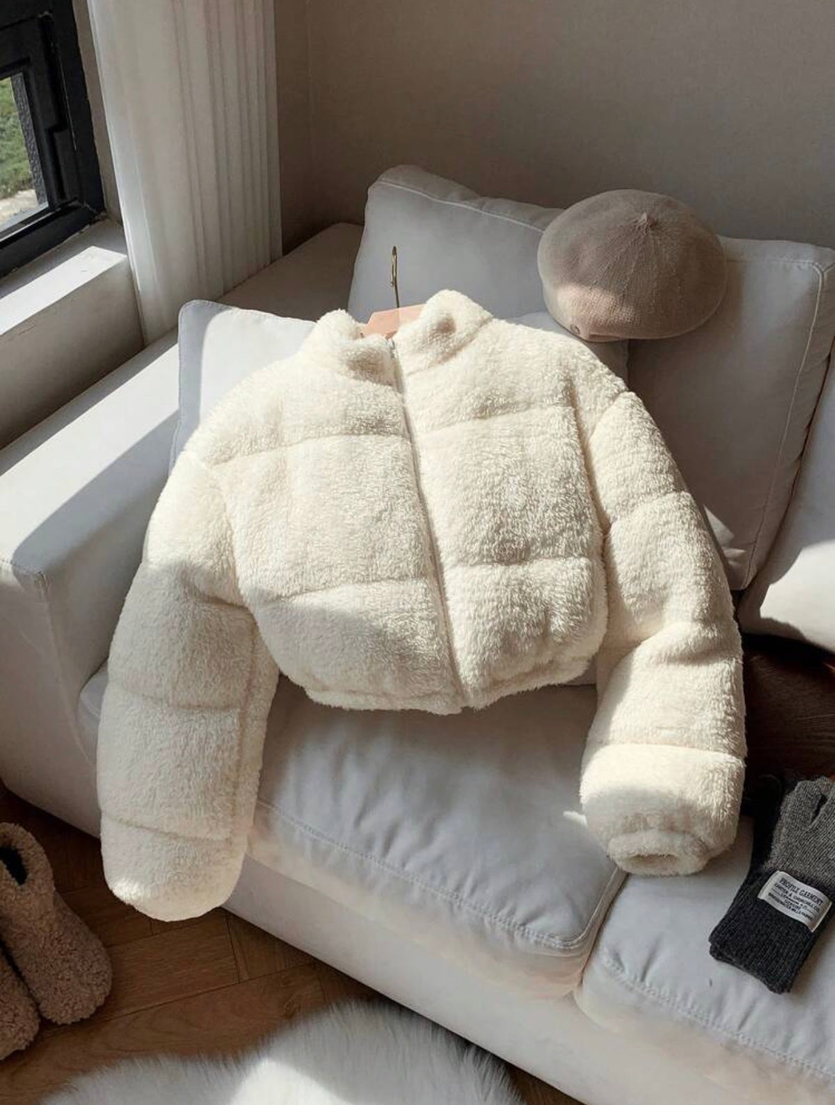 White teddy cropped puffer jacket