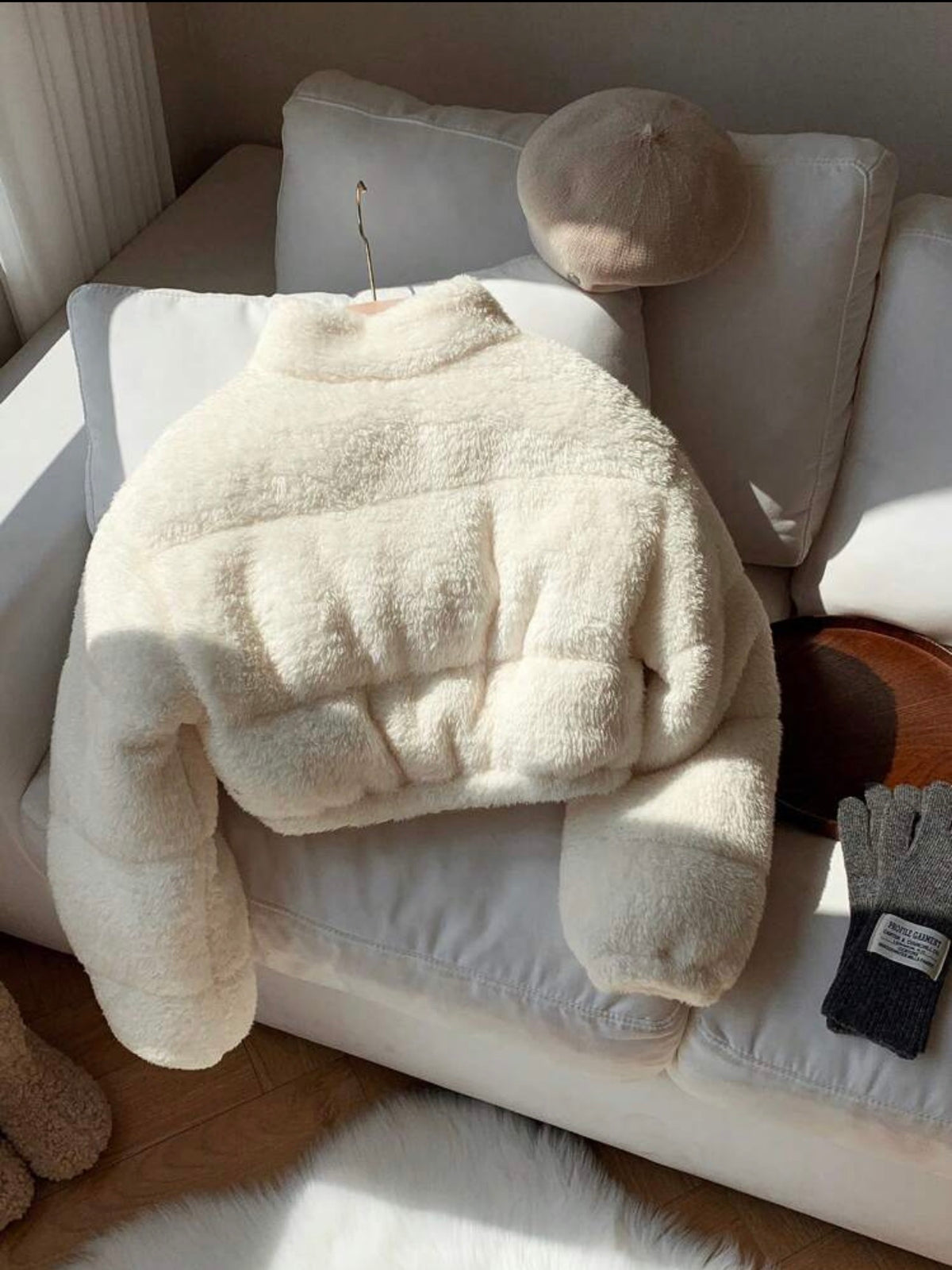 White teddy cropped puffer jacket