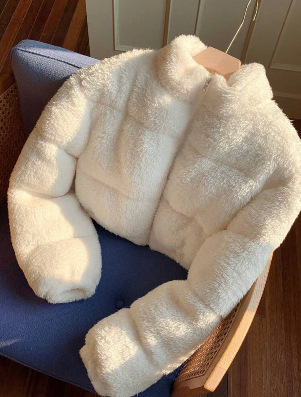 White teddy cropped puffer jacket
