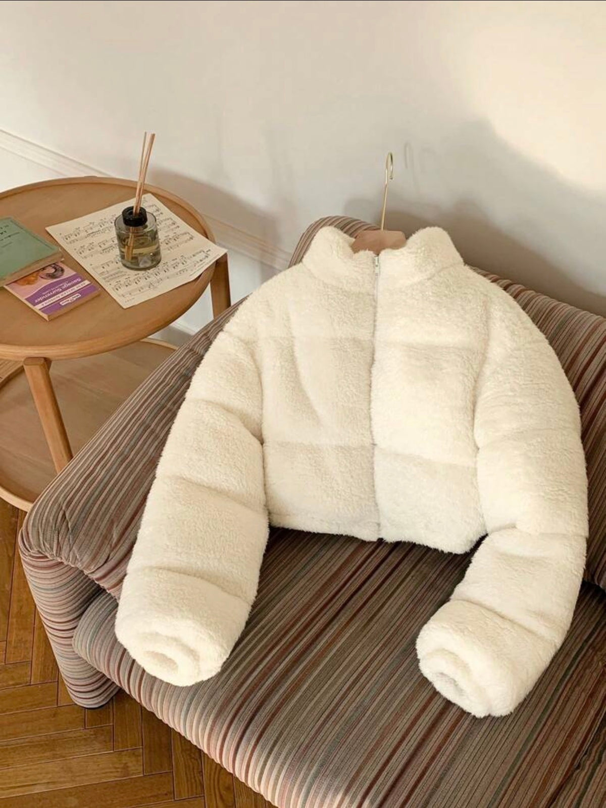 White teddy cropped puffer jacket