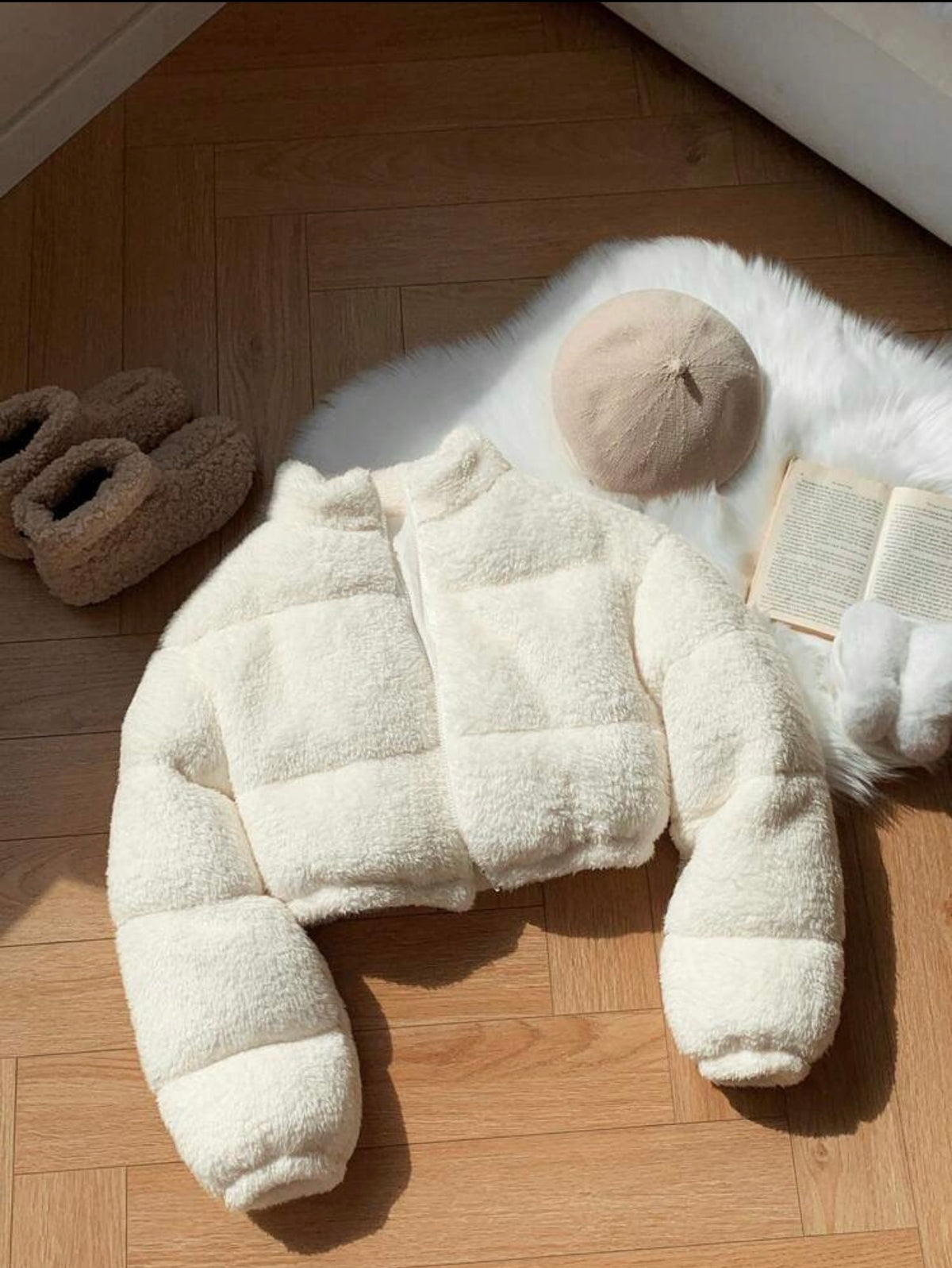White teddy cropped puffer jacket
