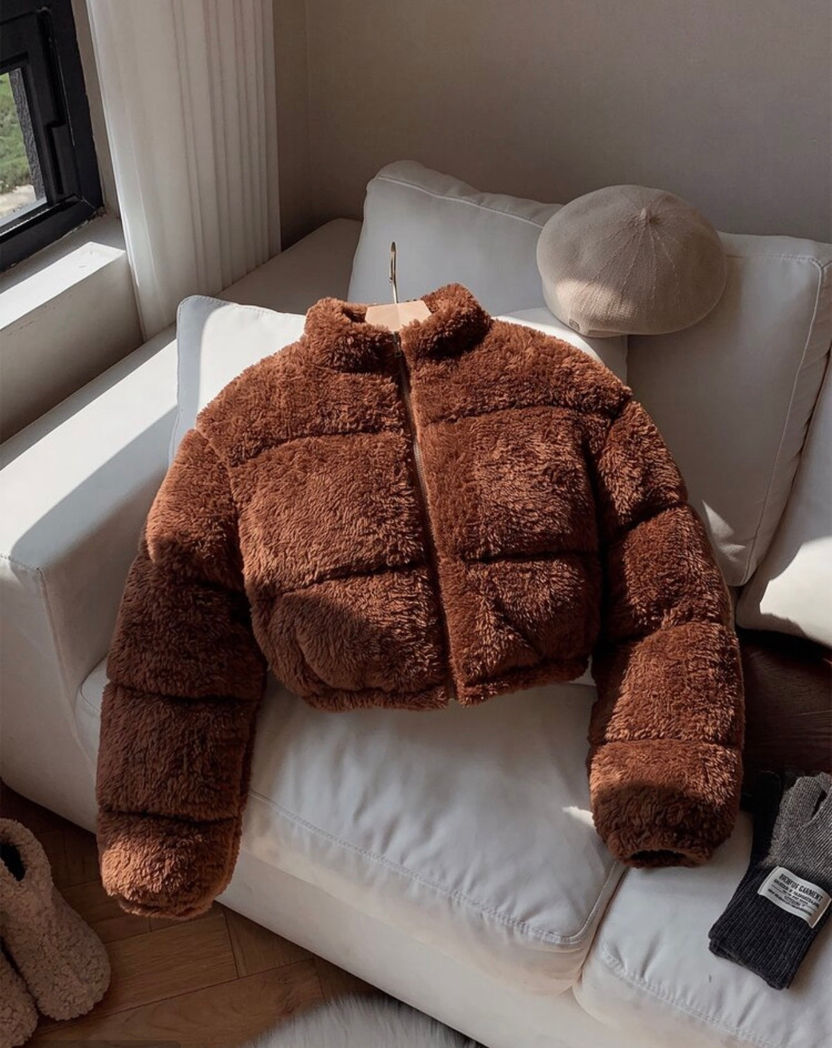 Brown teddy cropped puffer jacket