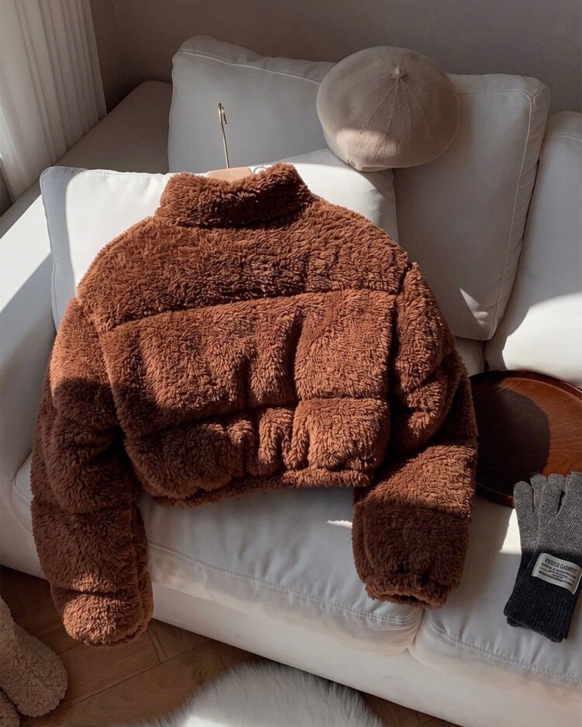 Brown teddy cropped puffer jacket