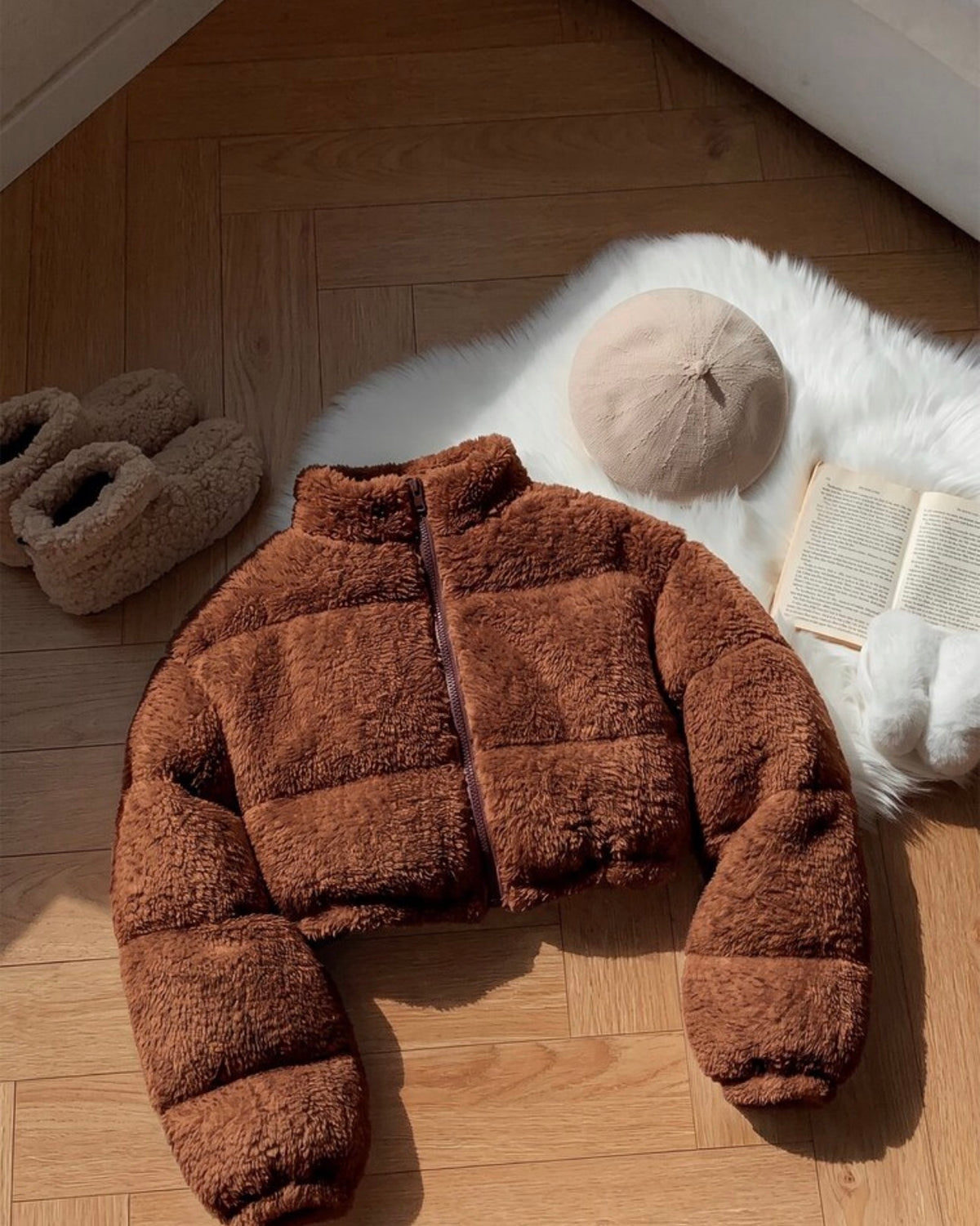 Brown teddy cropped puffer jacket