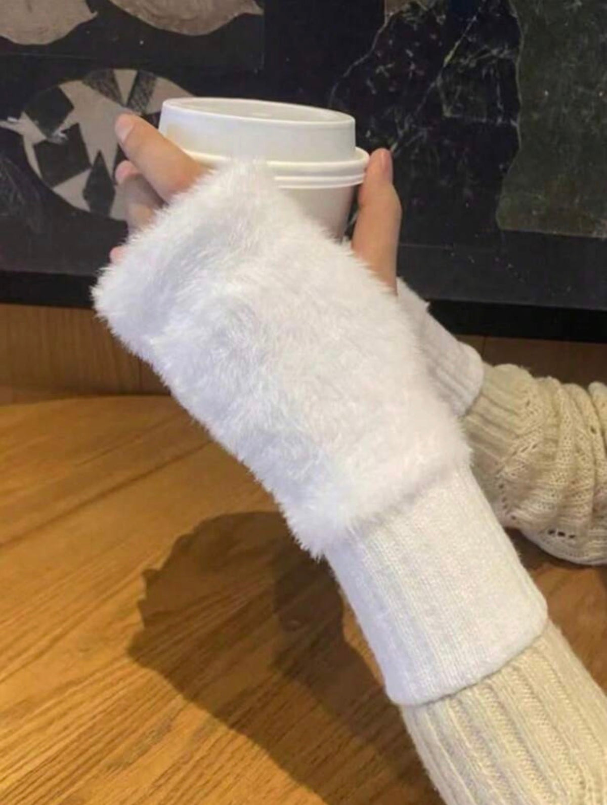 White faux fur fingerless knit gloves