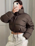 Brown cropped puffer jacket with high collar