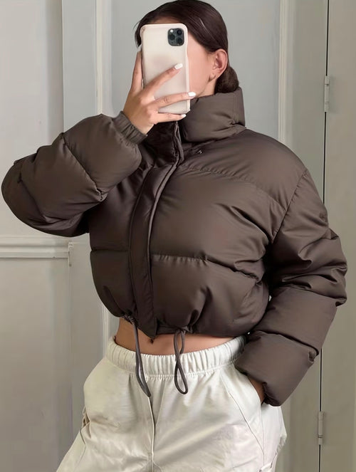 Brown cropped puffer jacket with high collar