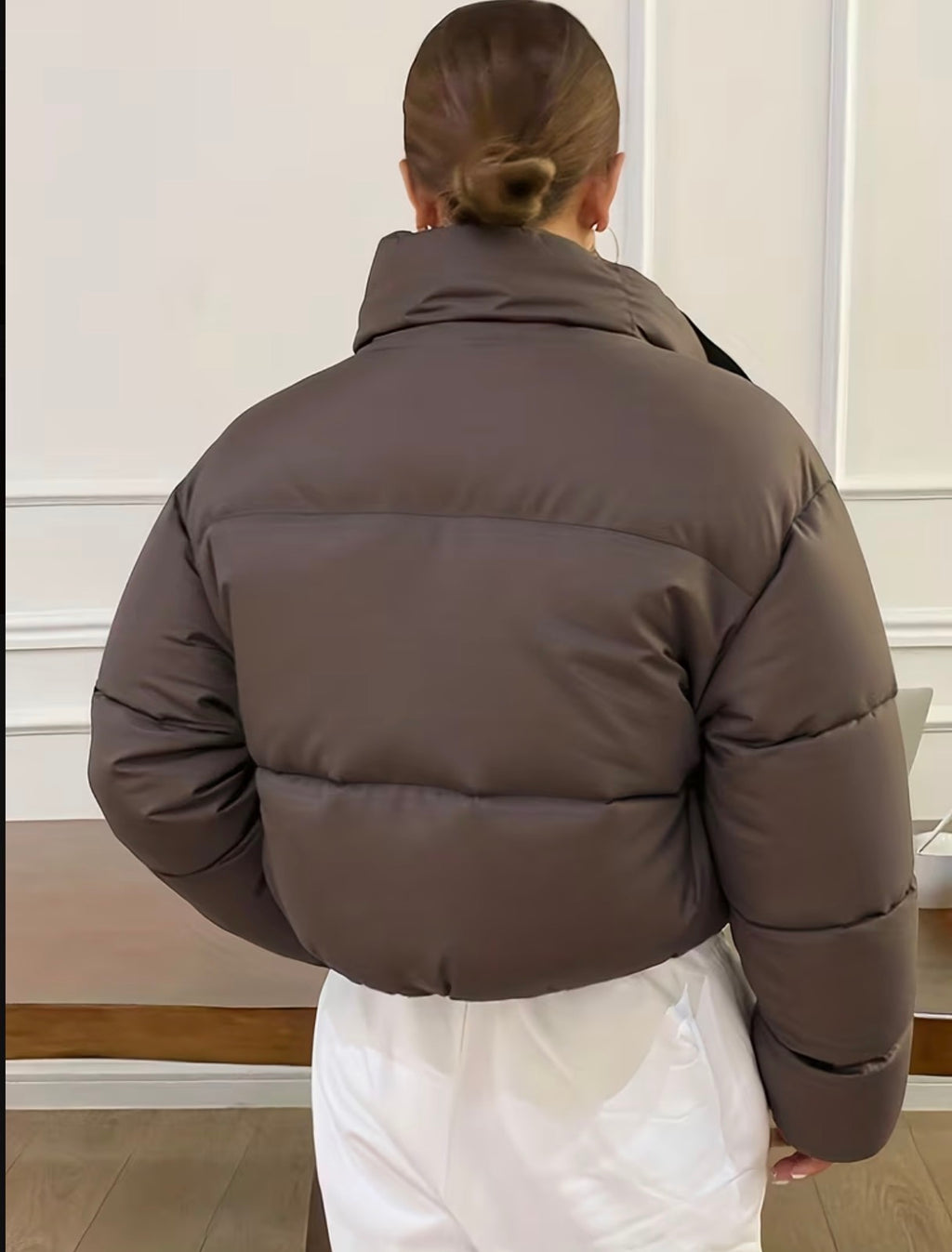 Brown cropped puffer jacket with high collar