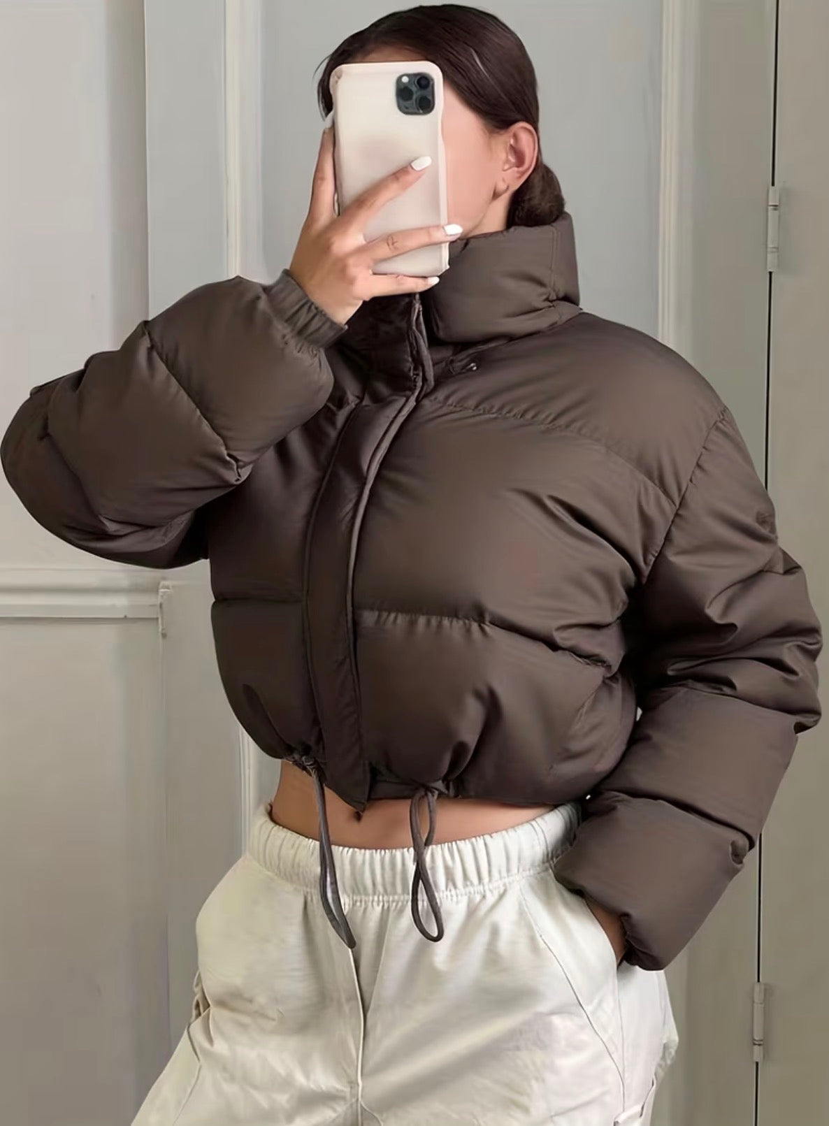 Brown cropped puffer jacket with high collar