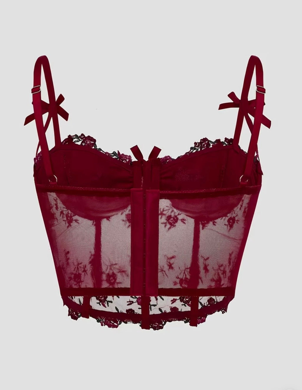 Burgundy Floral Embroidered Mesh Corset Top