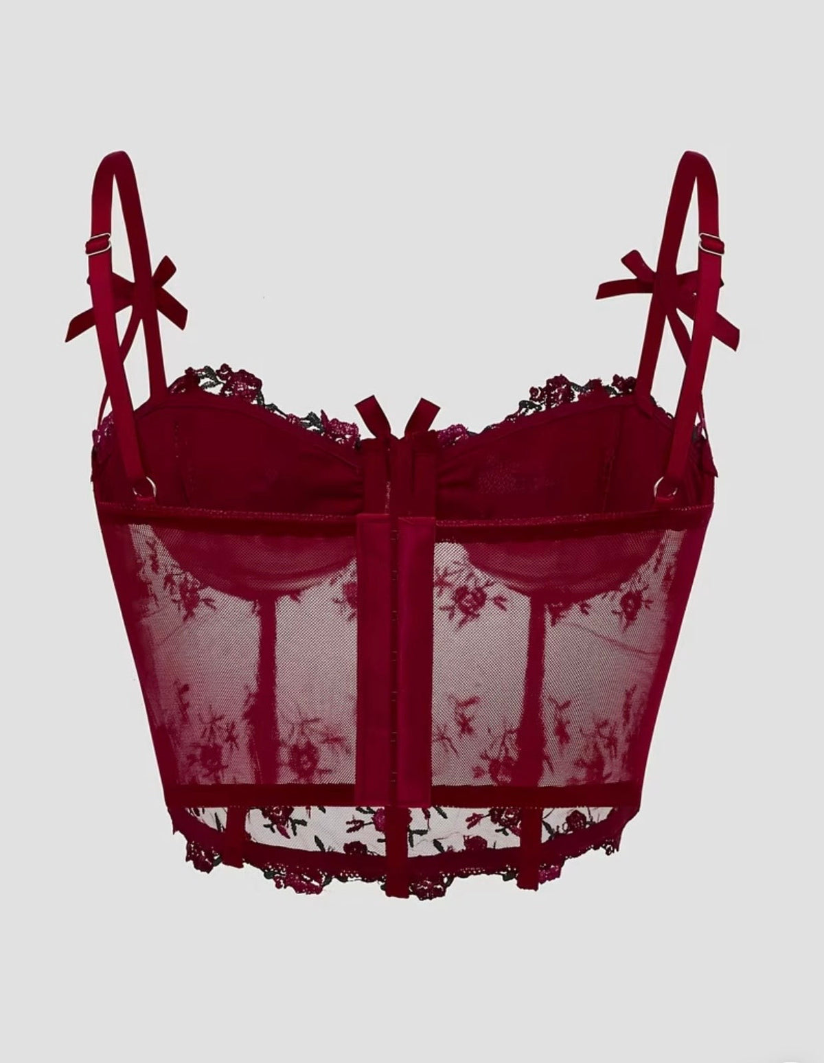 Burgundy Floral Embroidered Mesh Corset Top