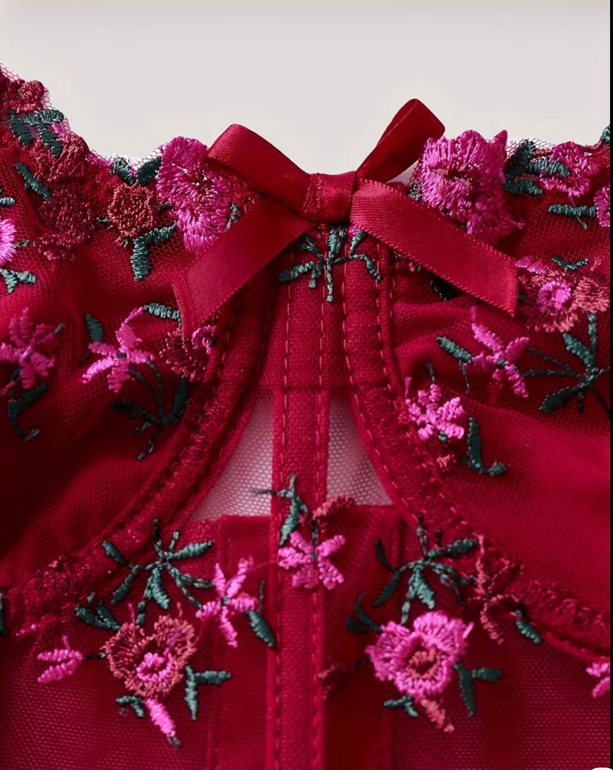 Burgundy Floral Embroidered Mesh Corset Top