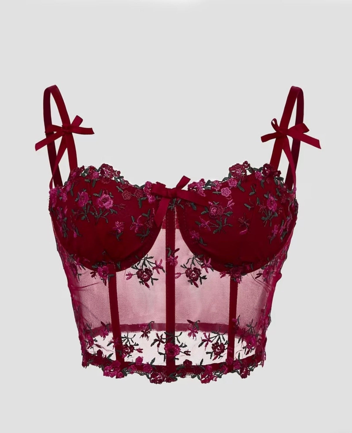 Burgundy Floral Embroidered Mesh Corset Top