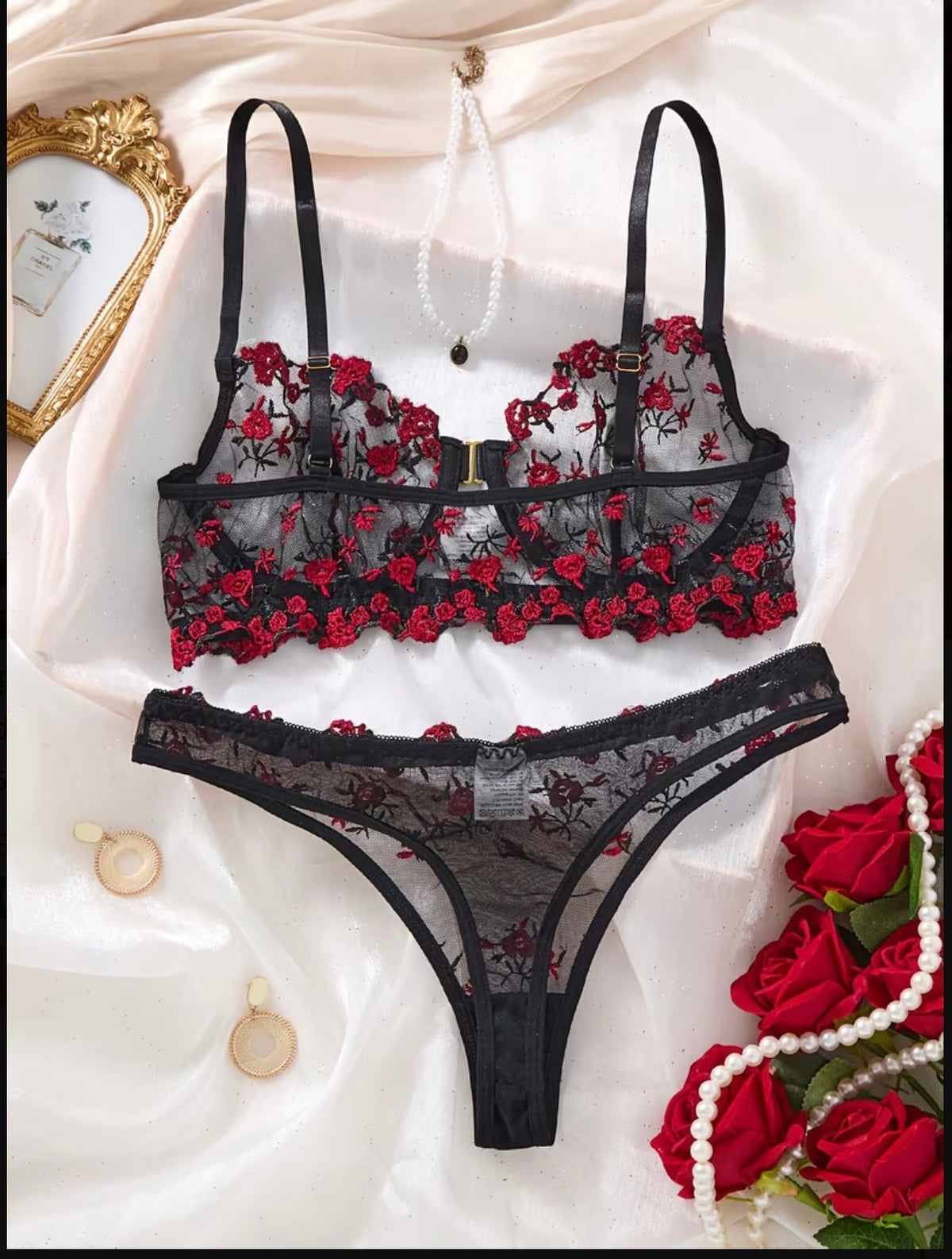 Rose embroidered lingerie set back