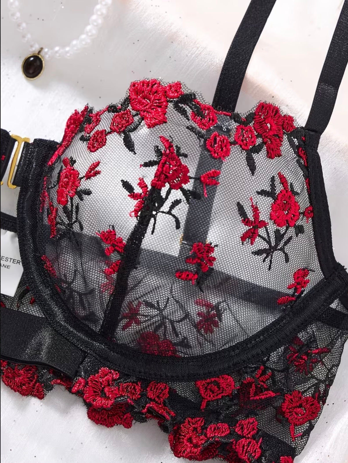 Rose embroidered lingerie set detail