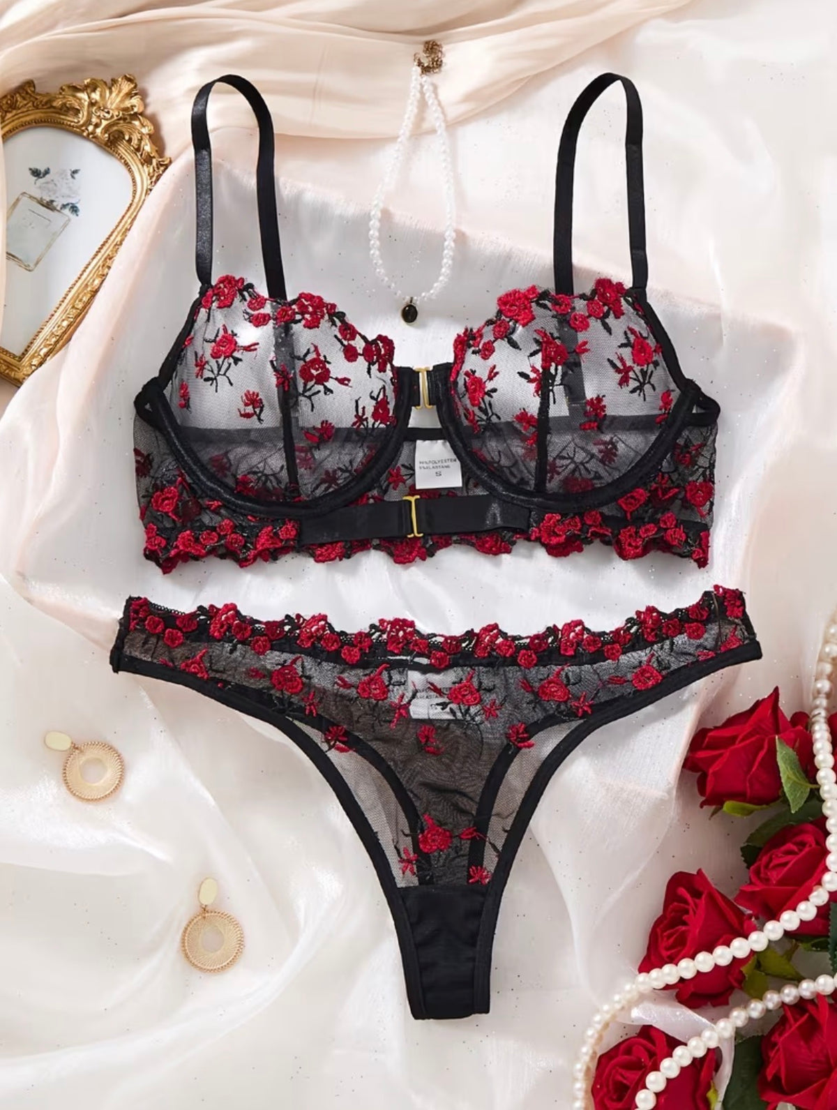 Rose embroidered mesh bra and thong set