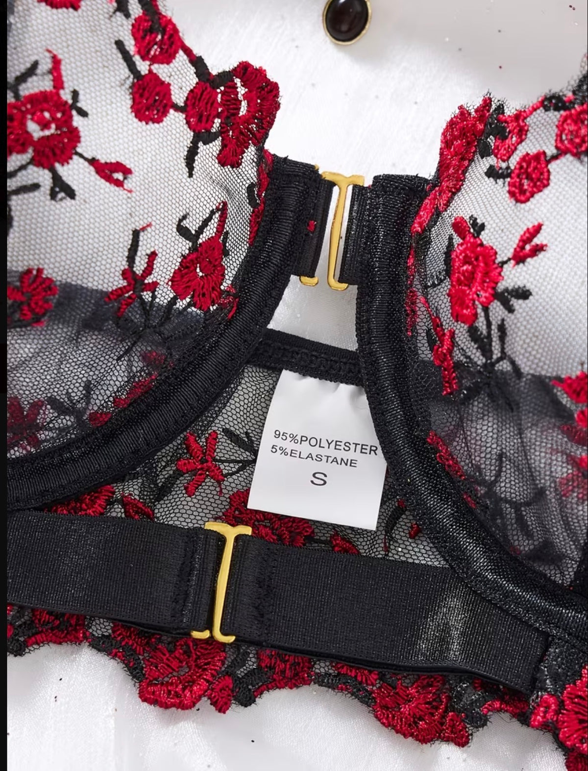 Rose embroidered lingerie set label